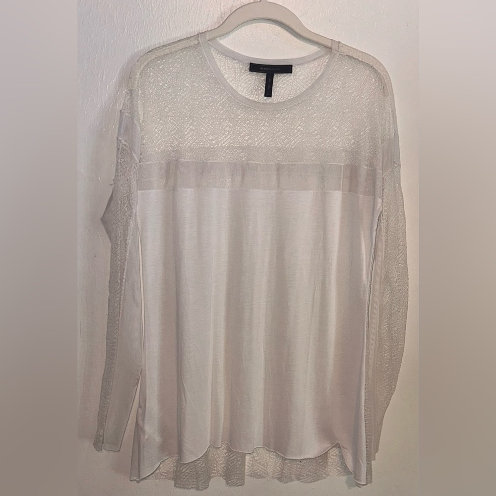 BCBG Maxazaria White Lace and Mesh Medium Long Sleeve